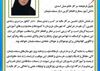 پیام تبریک دکتر رضا جباری به عسل اسدی رتبه برتر کنکور از شهرستان مسجدسلیمان