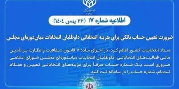 ضرورت تعیین حساب بانکی هزینه انتخاباتی داوطلبان انتخابات میاندورهای مجلس ضرورت تعیین حساب بانکی هزینه انتخاباتی داوطلبان انتخابات میاندورهای مجلس