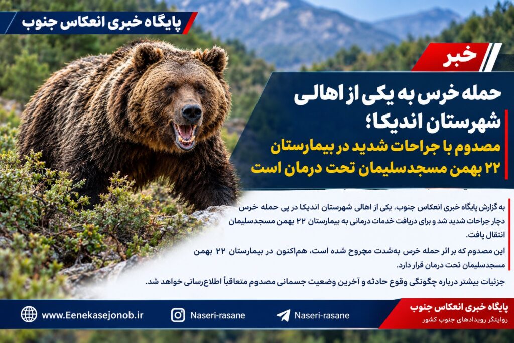 حمله خرس به یکی از اهالی شهرستان اندیکا؛ مصدوم با جراحات شدید در بیمارستان ۲۲ بهمن مسجدسلیمان تحت درمان است